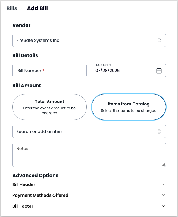 Add Bill form with the Total Amount option and catalog item search