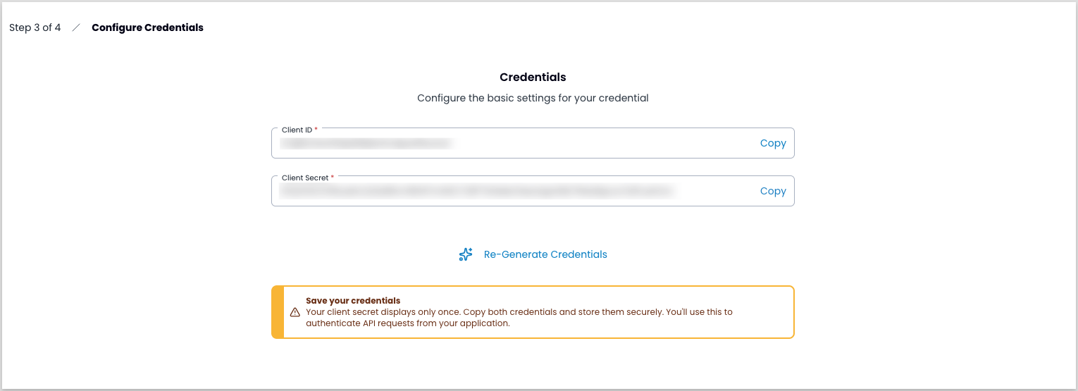 The credential reveal screen showing the Client ID and Client Secret fields to copy