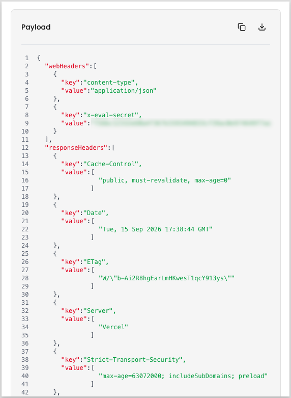 The Payload panel showing JSON for a delivery, with a webHeaders array containing a content-type header and an x-eval-secret header whose value is redacted, followed by a responseHeaders array containing Cache-Control, Date, ETag, Server, and Strict-Transport-Security values returned by the receiving server.