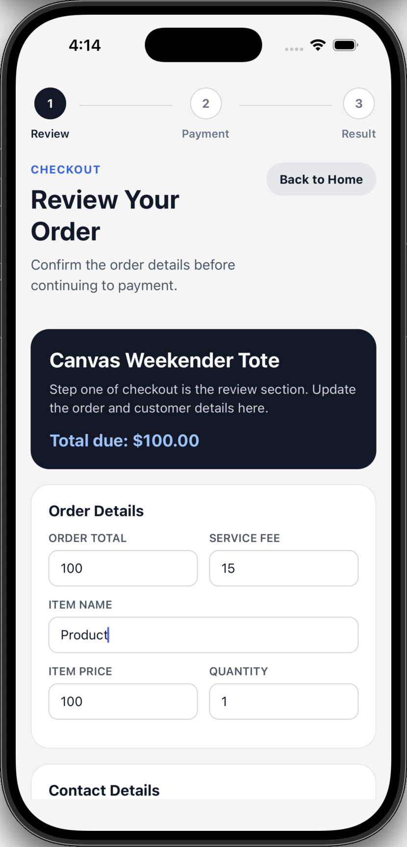 review page of React Native example app