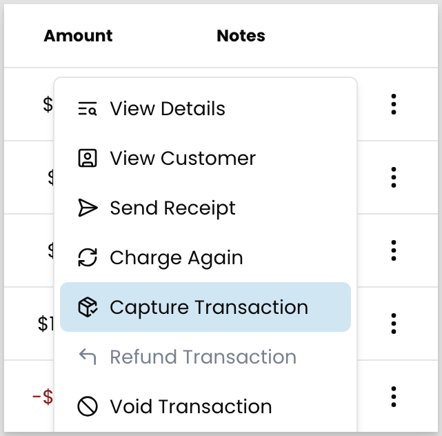 Three-dot action menu on an authorized transaction row with Capture highlighted