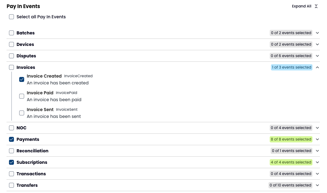The Pay In Events picker, listing objects Batches, Devices, Disputes, Invoices, NOC, Payments, Reconciliation, Subscriptions, Transactions, and Transfers, each with a count of selected events. Invoices is expanded, showing Invoice Created selected, with Invoice Paid and Invoice Sent unselected. Payments shows 8 of 8 events selected and Subscriptions shows 4 of 4.