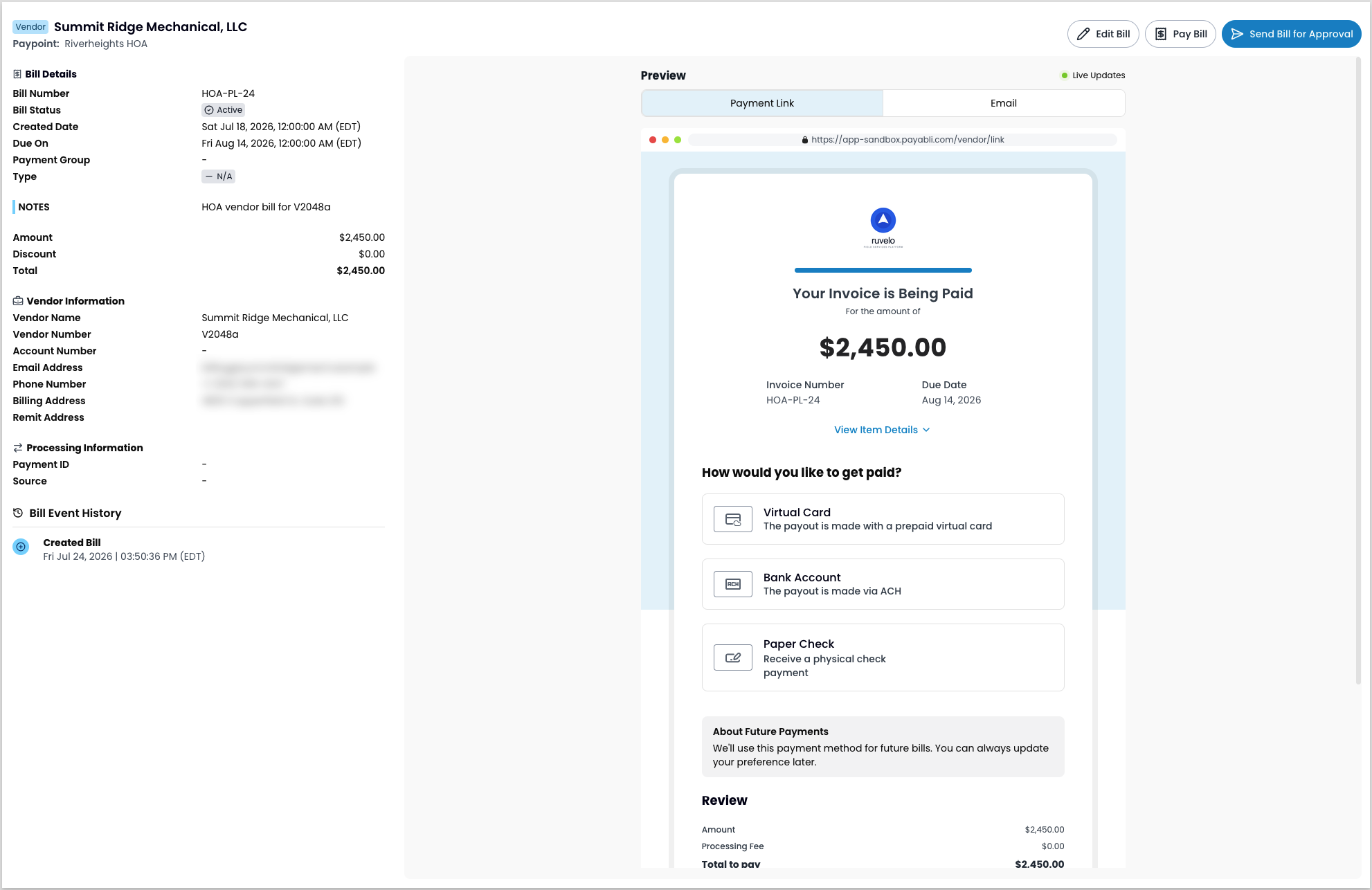 A bill detail panel showing Bill Details, Vendor Information, a payment link preview with an email tab, Processing Information, and Bill Event History.