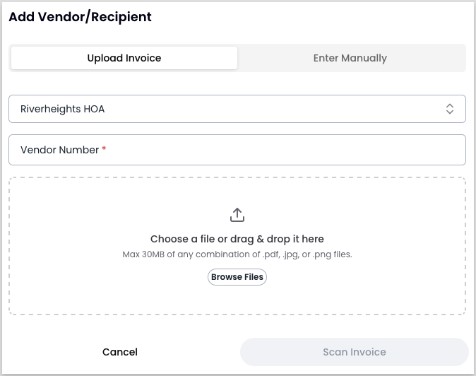 Add Vendor modal in scan mode, showing the Vendor Number field and an invoice file upload area
