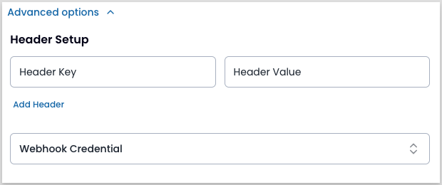 The expanded Advanced options section of the Add Webhook form, showing an empty Header Key and Header Value pair under Header Setup, an Add Header link, and a Webhook Credential dropdown.