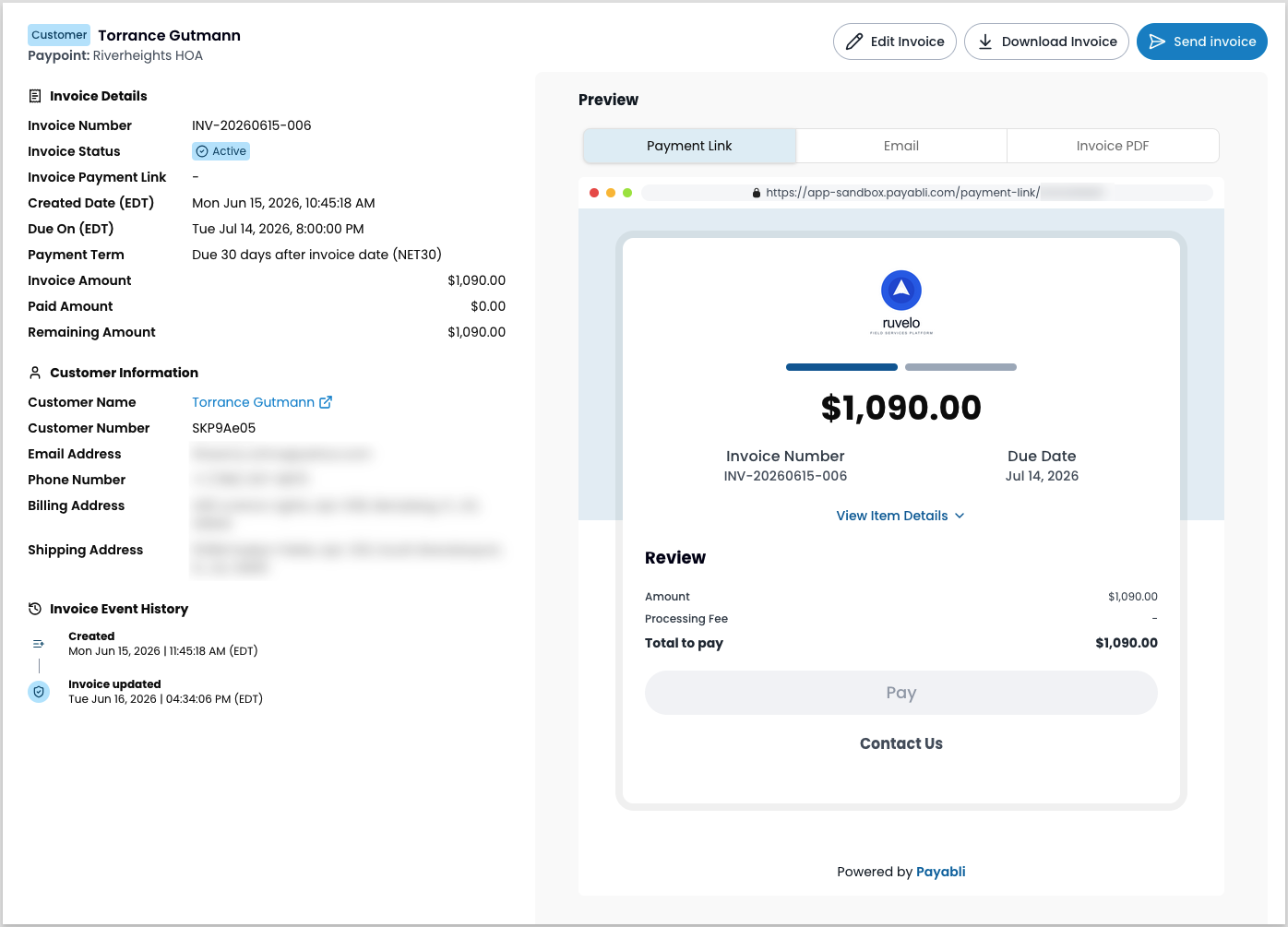An invoice detail panel. The left side shows Invoice Details, Customer Information, and a timestamped Invoice Event History. The right side shows a Preview pane with Payment Link, Email, and Invoice PDF tabs.
