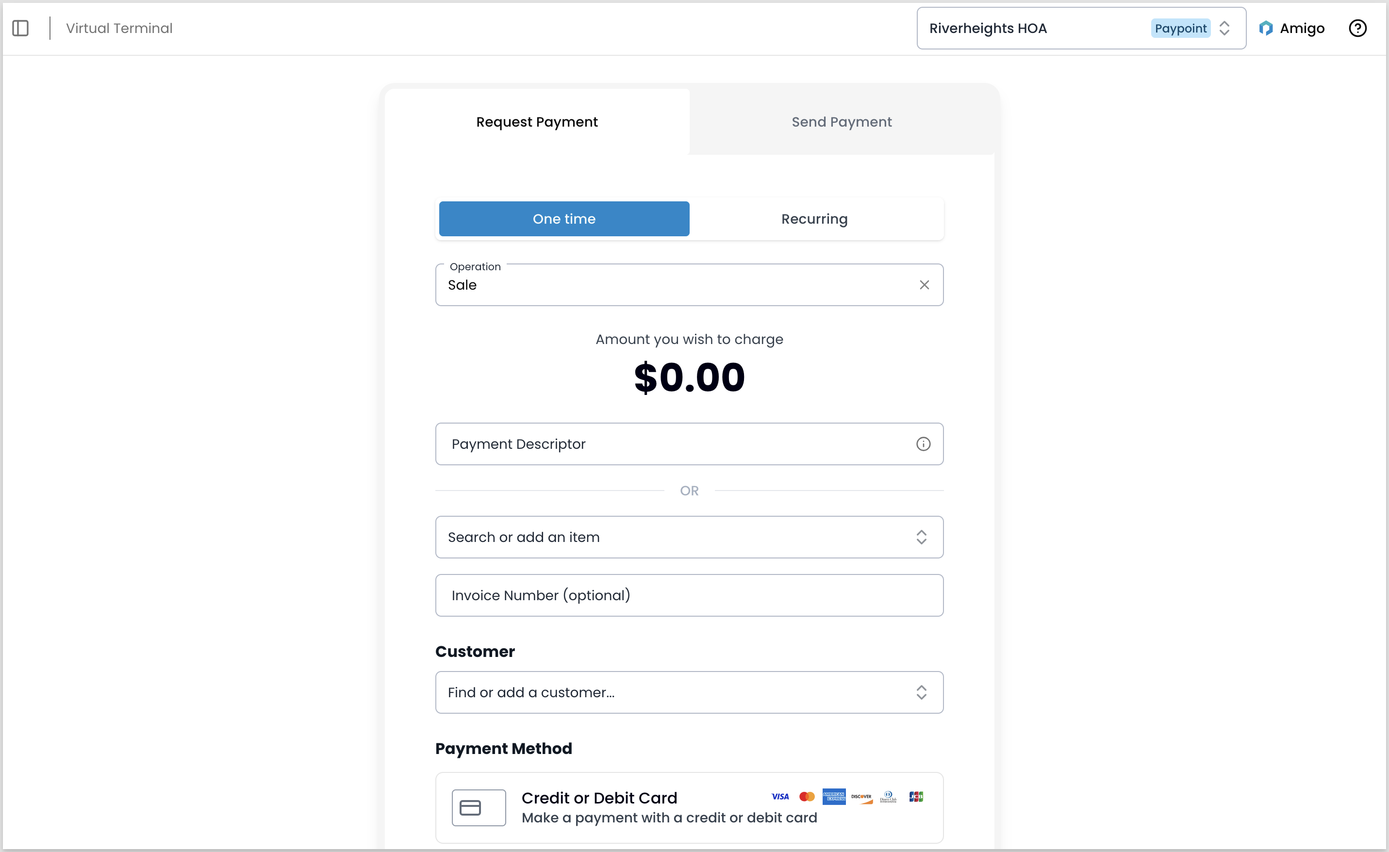 Virtual Terminal request payment form showing operation selector, payment details, customer search, and payment method fields