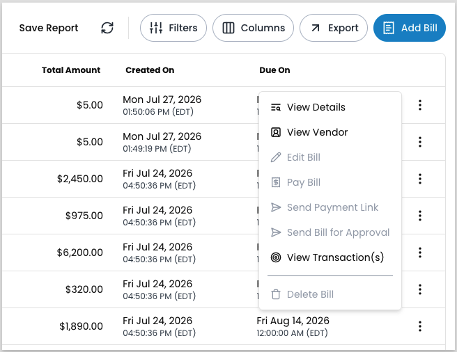 The three-dot row menu for a bill, listing View Details, View Vendor, Edit Bill, Pay Bill, Send Payment Link, Send Bill for Approval, View Transaction(s), and Delete Bill.