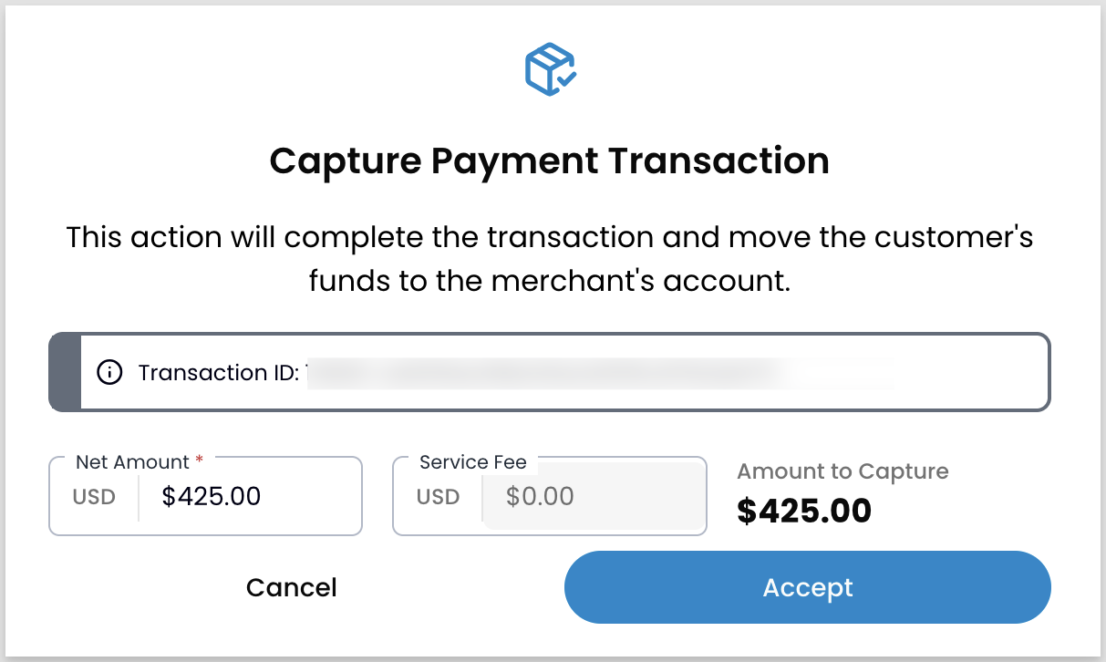 Capture confirmation modal showing transaction details and a Capture button
