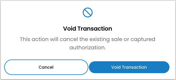 Void confirmation modal showing transaction details and a Void Transaction button