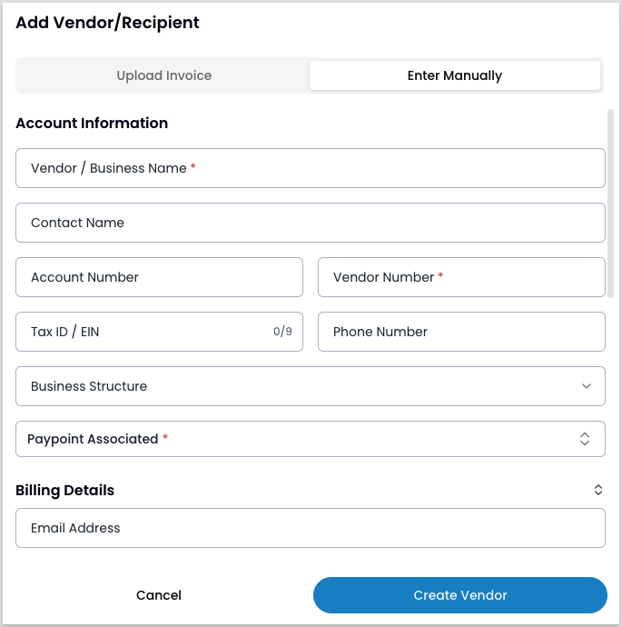 Add Vendor modal in manual entry mode, showing Account Information, Billing Details, and Remit Details fields