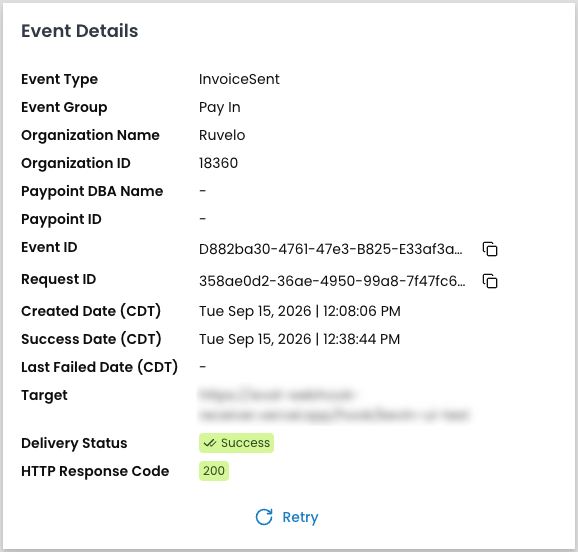 The Event Details panel for a successful InvoiceSent webhook delivery, listing event type and group, organization name and ID, event ID and request ID with copy icons, created and success dates, a redacted target URL, a Success delivery status, an HTTP response code of 200, and a Retry link.