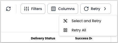 The Retry control in the Notification Logs toolbar, expanded to show two options, Select and Retry, and Retry All.