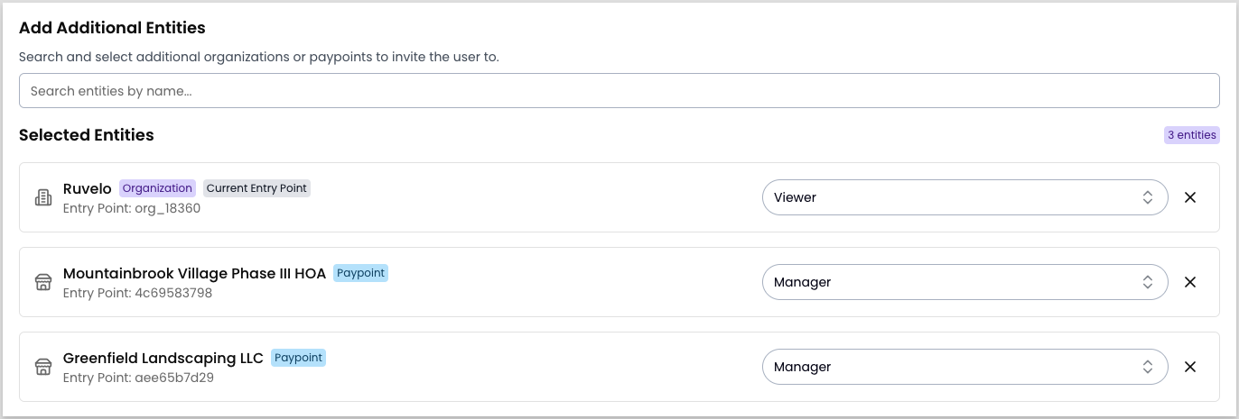 The Add Additional Entities section of the invite user form. The Selected Entities list shows three entries: the Ruvelo organization marked as the Current Entry Point with the Viewer role, and two paypoints — Mountainbrook Village Phase III HOA and Greenfield Landscaping LLC — both assigned the Manager role.