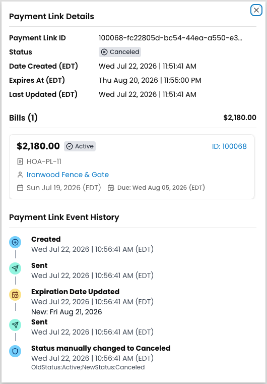 Payment link detail panel showing link metadata, the associated bill and status, and an event timeline for created, sent, expiration, and status changes.