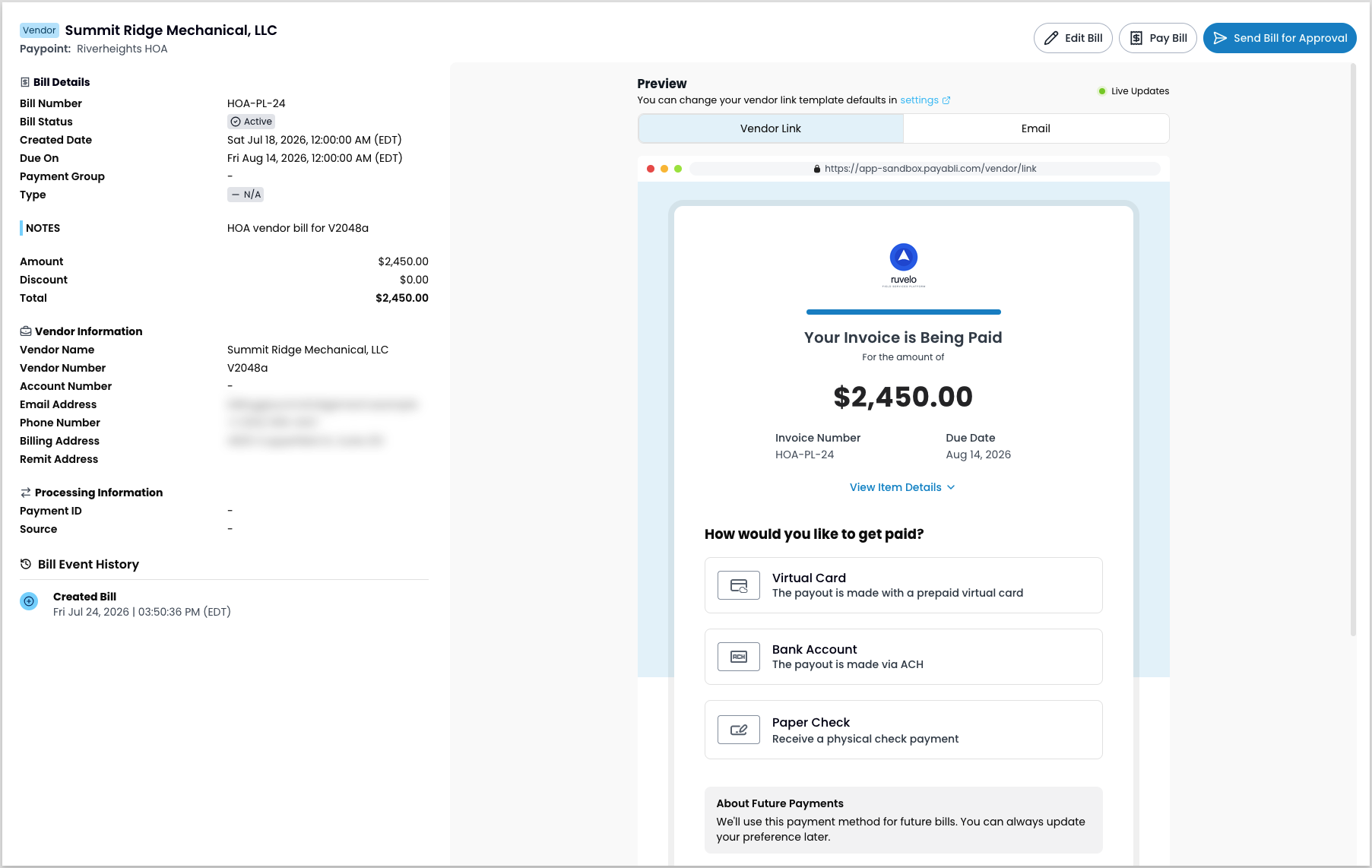 A bill detail panel showing Bill Details, Vendor Information, a Preview panel with Vendor Link and Email tabs, Processing Information, and Bill Event History.