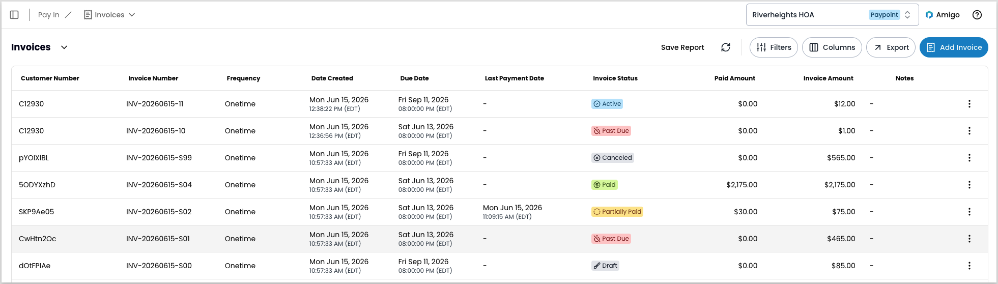 Invoices report with the Add Invoice button highlighted at the top of the screen