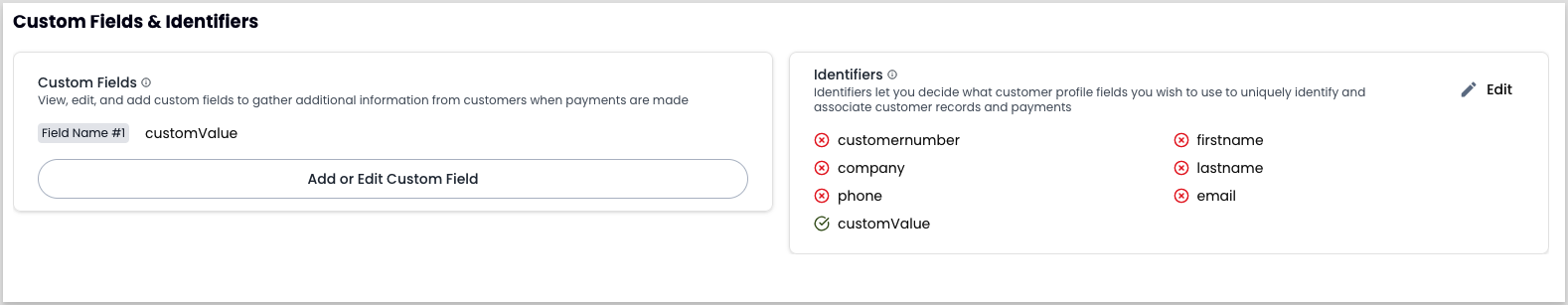 Custom fields settings screen showing the Custom Identifiers section