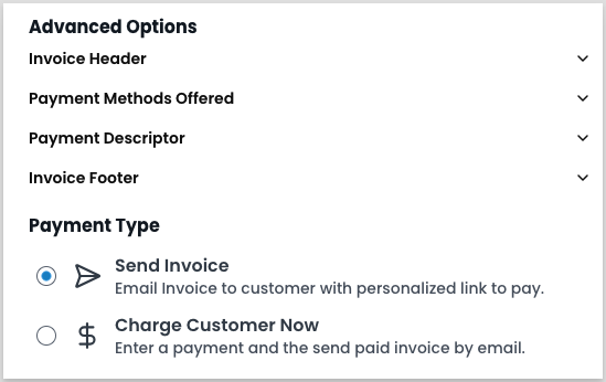 Add Invoice form with Advanced options expanded and the Payment Type options at the bottom