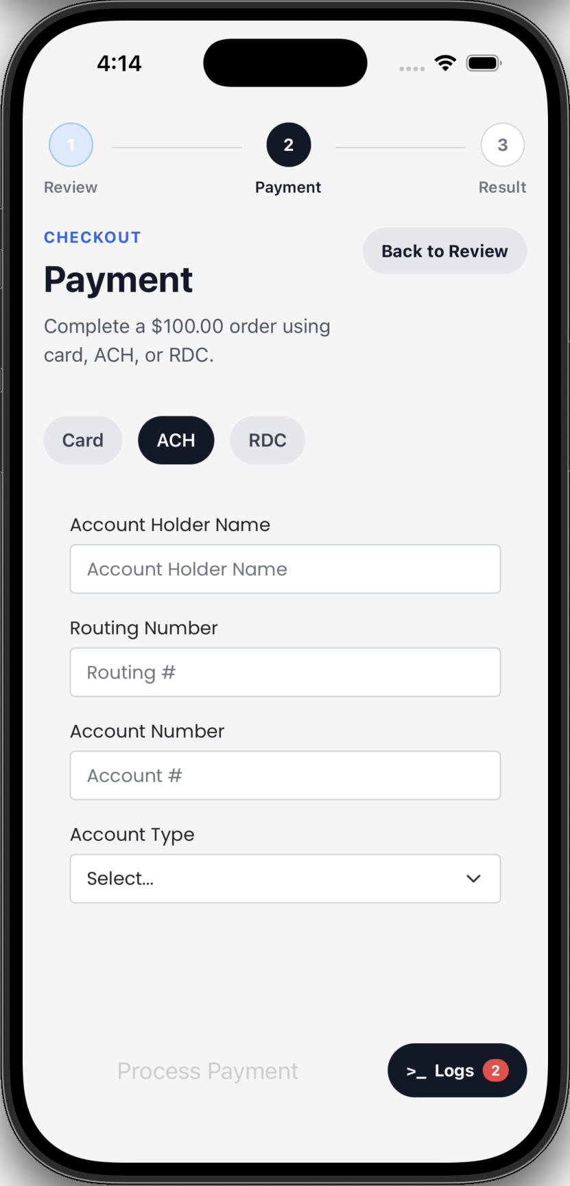 payment page of React Native example app