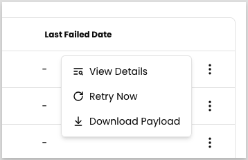 The three-dot menu open on a notification log row, showing View Details, Retry Now, and Download Payload.