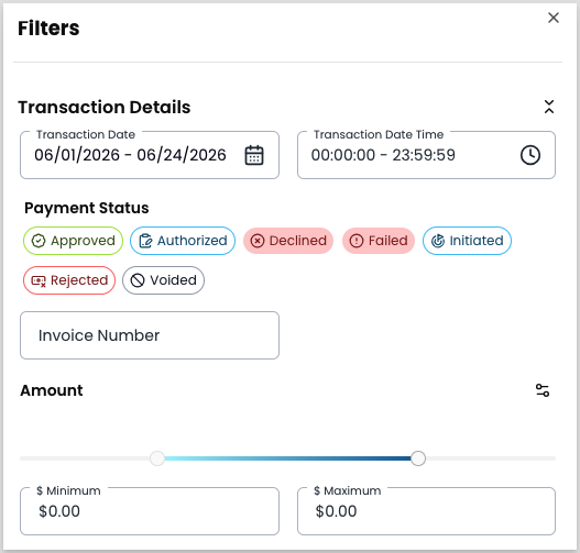 Filters panel open on the Transactions report with Transaction Status set to Declined and Failed
