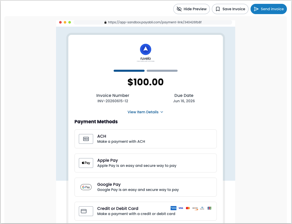 Add Invoice form showing the live invoice preview with the Save Invoice and Send Invoice buttons