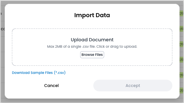Import Data modal with a file upload area, a Browse Files button, and a link to download sample files
