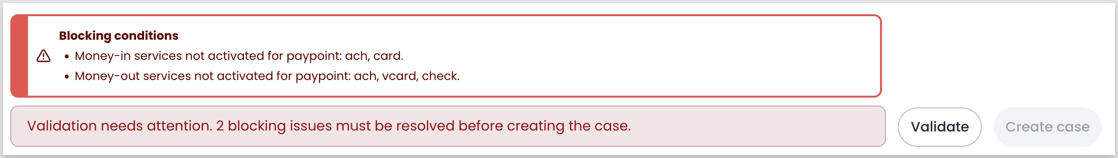 A validation result showing two blocking conditions in a red panel and a message that two blocking issues must be resolved, with the Create case button disabled