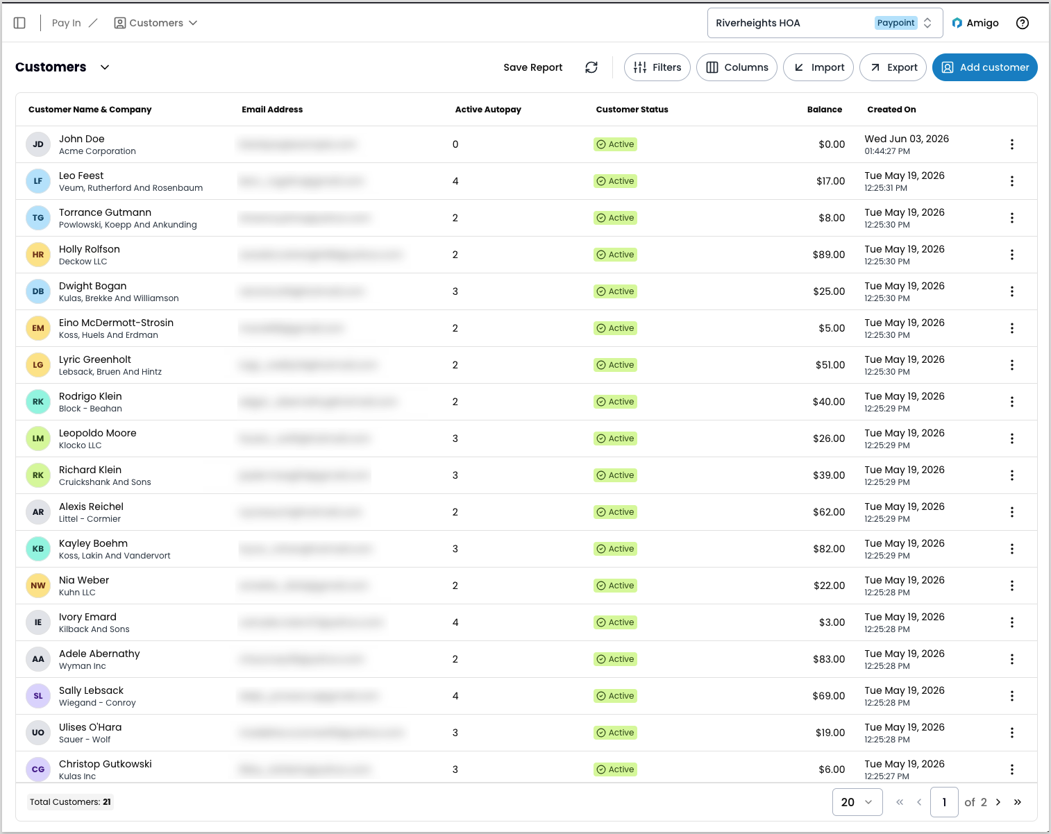 Customers report showing a list of customer records with controls for filtering, importing, exporting, and adding customers