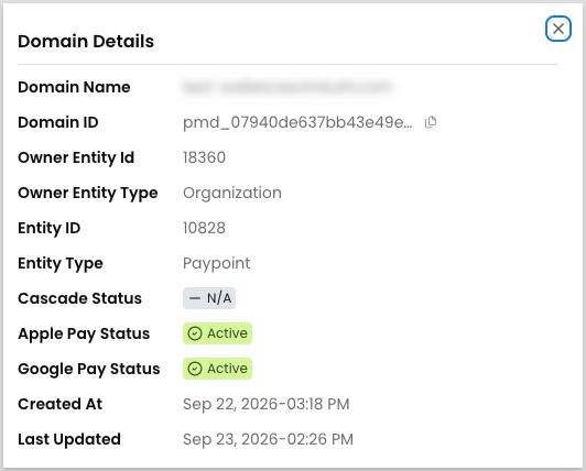 Domain Details panel listing Domain Name, Domain ID, owner and entity fields, Cascade Status, and separate Apple Pay Status and Google Pay Status rows both reading Active