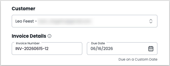 Add Invoice form showing the customer search field with an existing customer selected