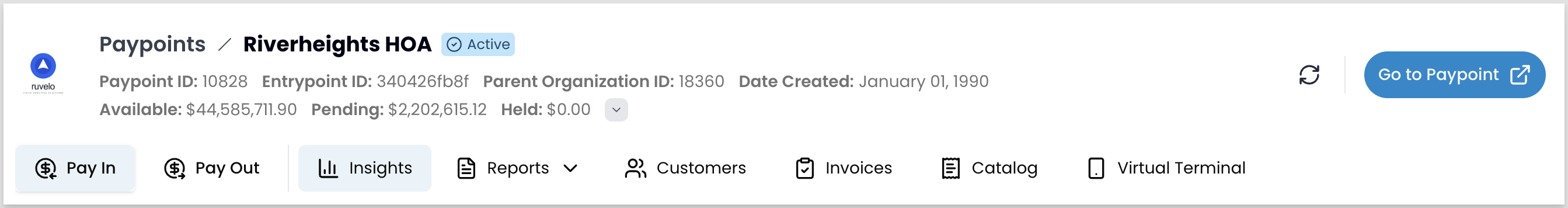 A paypoint summary page header with Pay In, Pay Out, Insights, Reports, Customers, Invoices, Catalog, and Virtual Terminal tabs, and a Go to Paypoint button