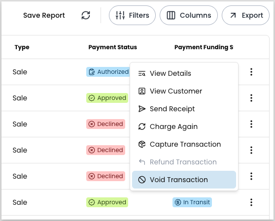 Three-dot action menu on a transaction row with Void Transaction highlighted