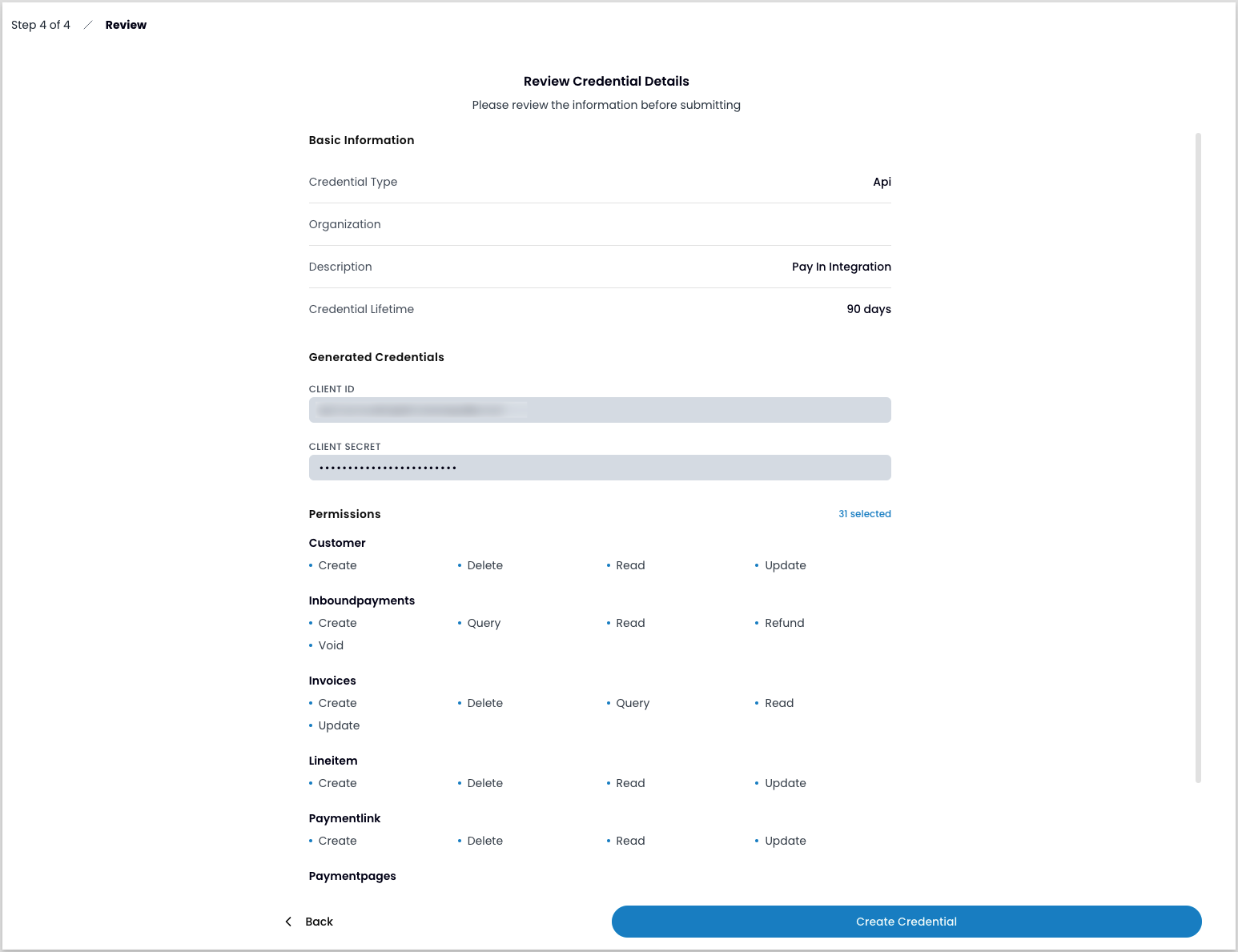 The review screen showing credential details, Client ID, and a summary of associated permissions