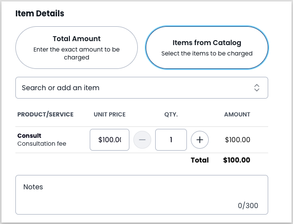 Add Invoice form showing the Total Amount field and the catalog item search