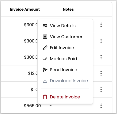 The three-dot row menu for an invoice, listing View Details, View Customer, Edit Invoice, Mark as Paid, Send Invoice, Download Invoice (unavailable for this invoice), and Delete Invoice.