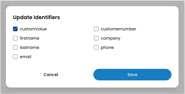 Custom identifiers modal showing field selection checkboxes
