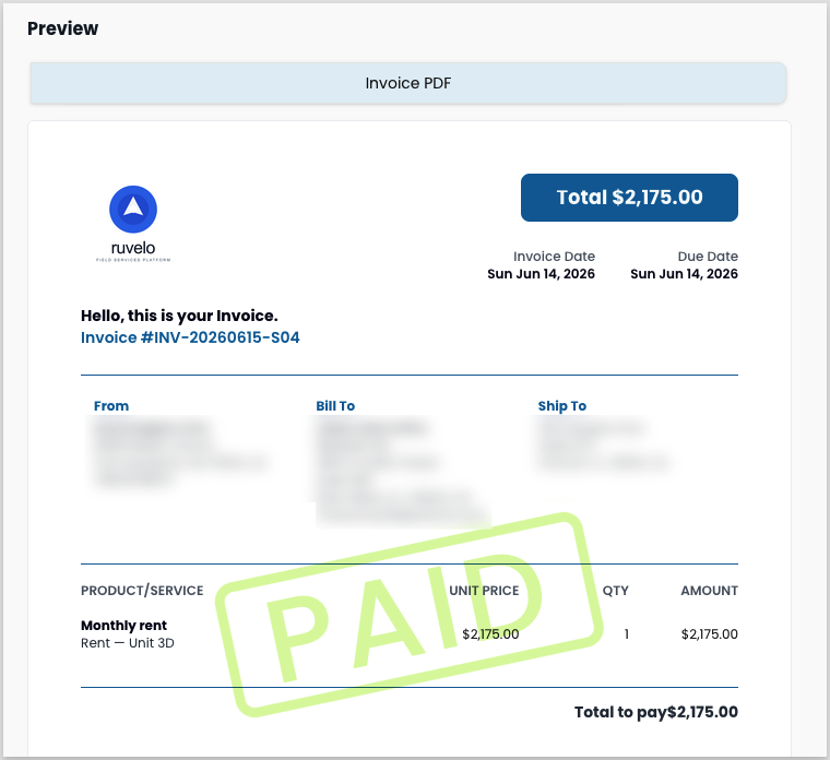 The Invoice PDF preview tab showing an invoice for $2,175.00 with a PAID watermark stamped across the line items.