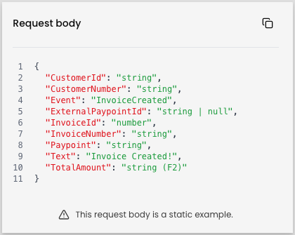 A request body panel showing a JSON template for the InvoiceCreated event, with fields such as CustomerId, InvoiceId, and TotalAmount set to type placeholders like string and number, and a note reading This request body is a static example.