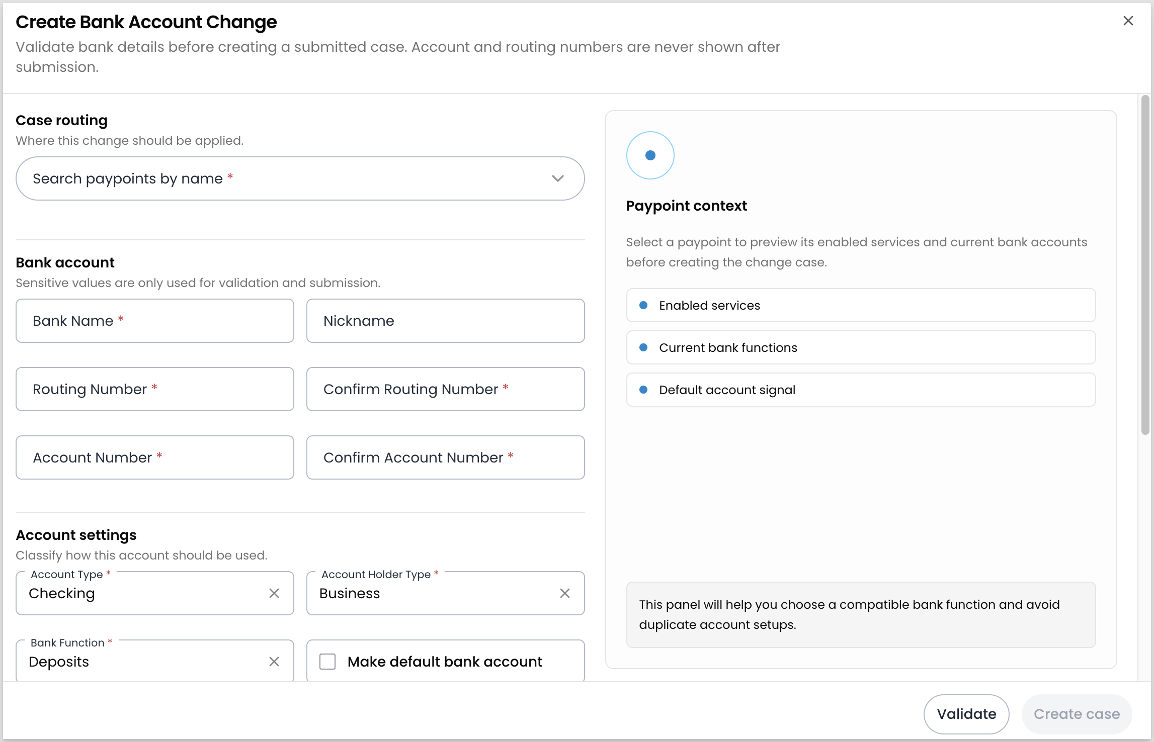 The Create Bank Account Change modal with Case routing, Bank account, and Account settings sections, and a Paypoint context panel that previews the paypoint's enabled services and current bank accounts