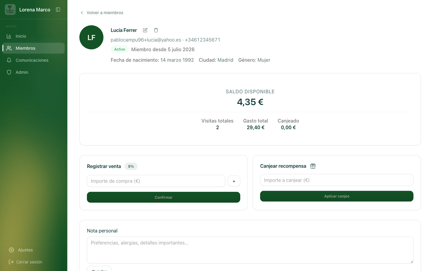 ficha de cliente en el CMS con sus 4 datos de alta