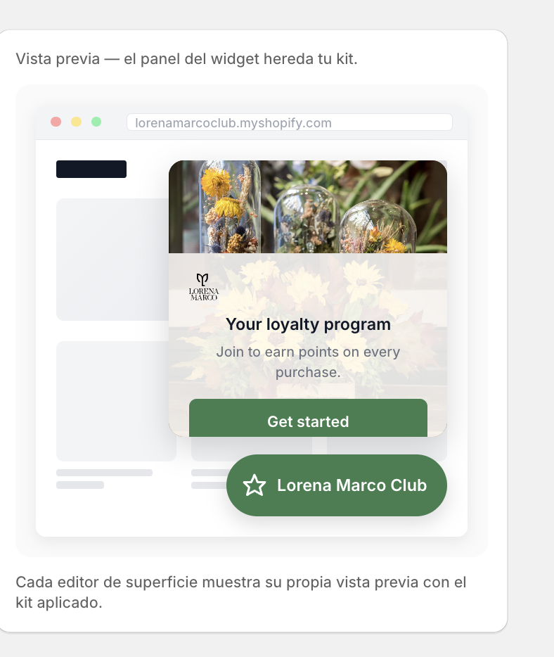 vista previa del panel del widget con la marca del comerciante aplicada