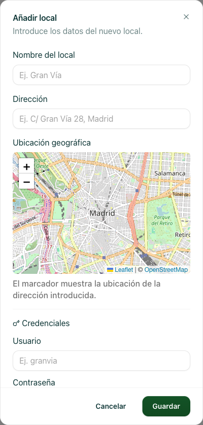 formulario de creación de un nuevo local con los campos de nombre y dirección