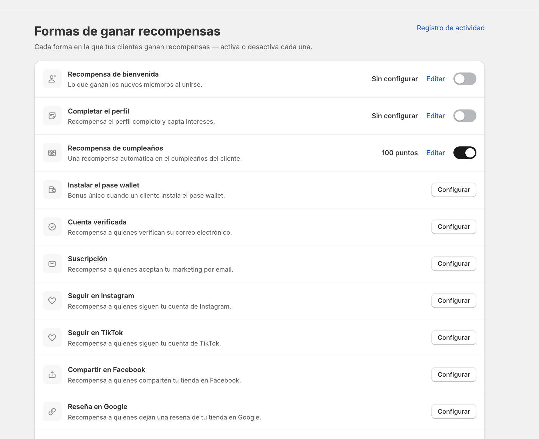 pantalla de administración con las reglas de earning de puntos configuradas