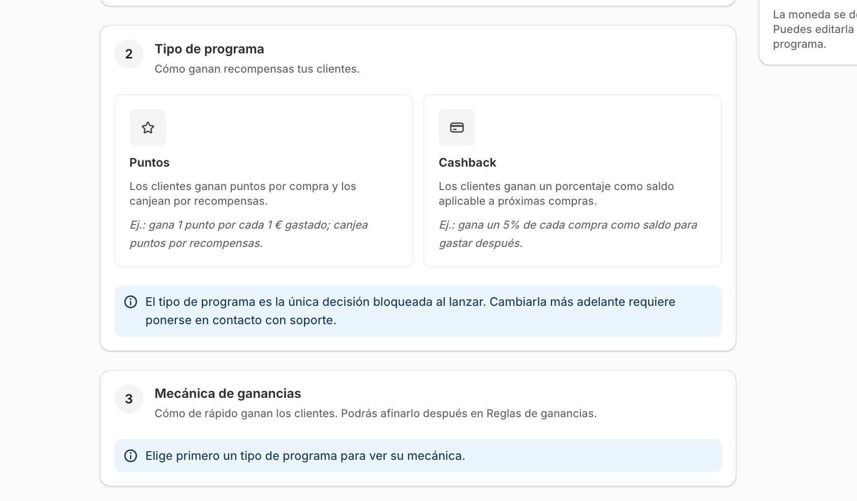 bloque Tipo de programa con las tarjetas de Puntos y Cashback