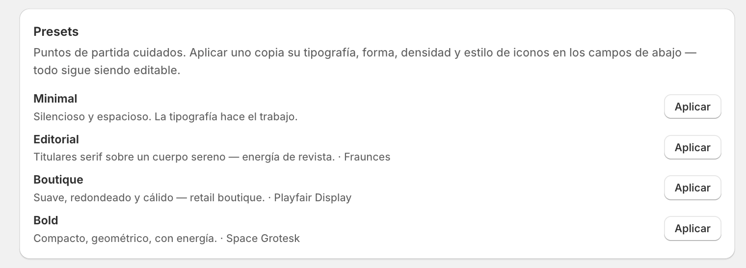 selector de los 4 presets (Minimal, Editorial, Boutique, Bold) dentro del Kit de marca
