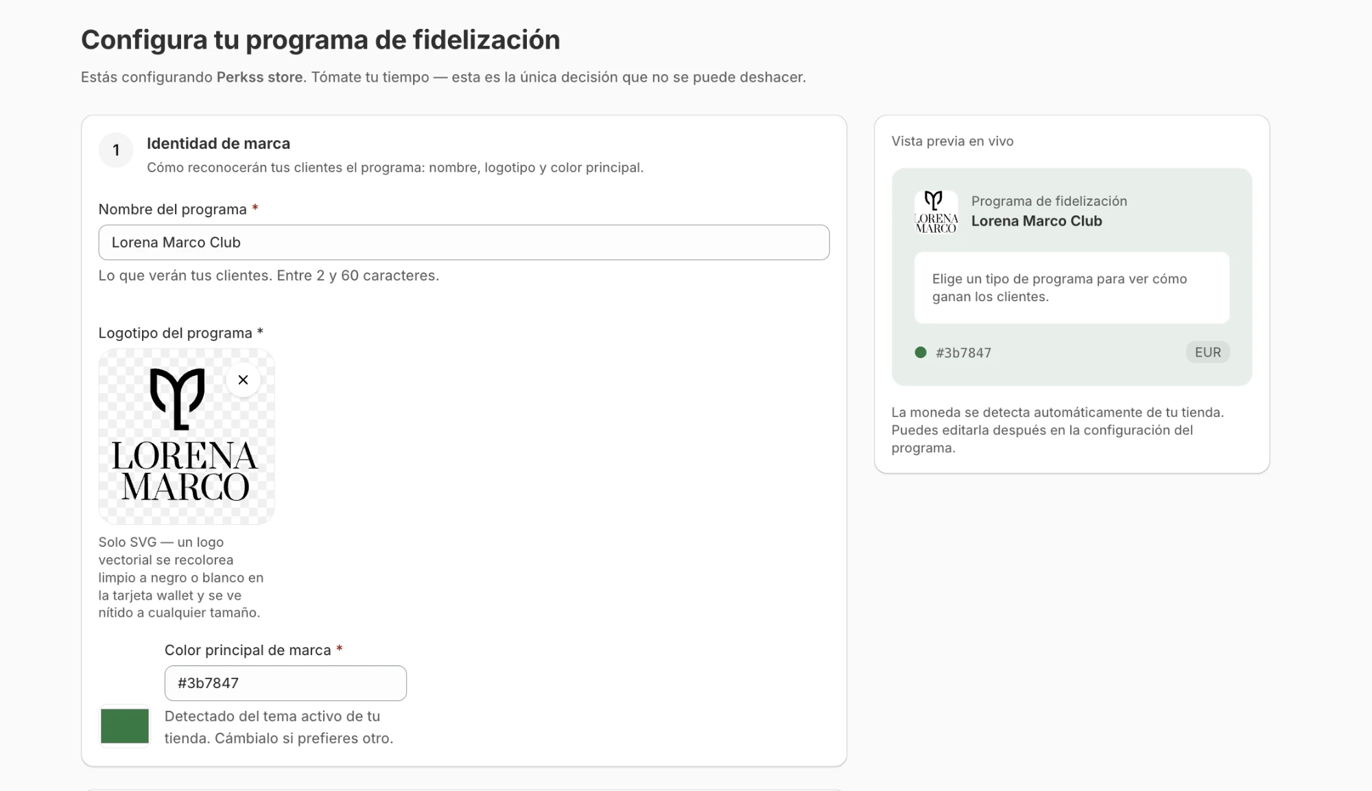 bloque de identidad de marca con nombre, logotipo SVG, color principal y la vista previa en vivo