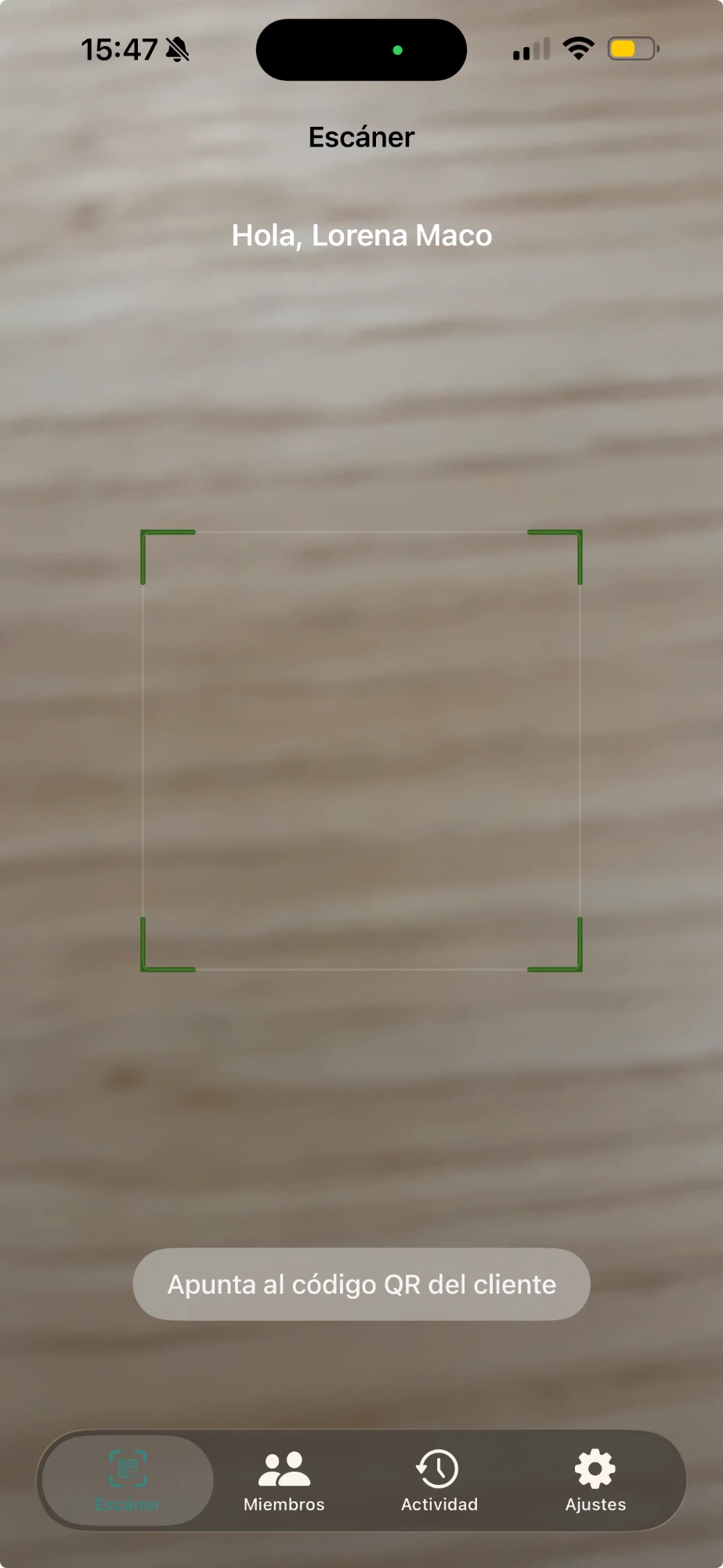 pantalla Escáner de la app de empleado con el visor para apuntar al código QR del cliente