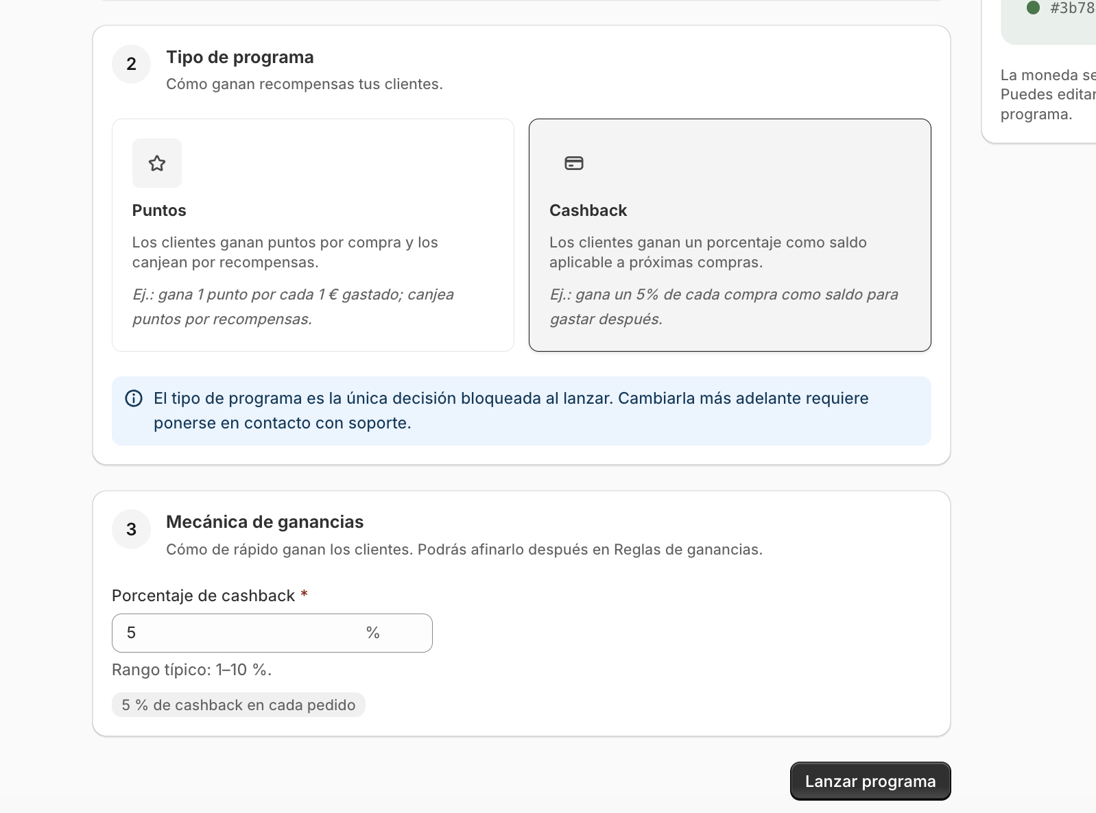 bloque de mecánica de ganancias con 5% de cashback y el botón Lanzar programa